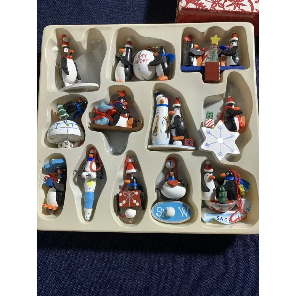 Penguin Wood Hanging Christmas Holiday Ornaments, Lot of 12 - Cute